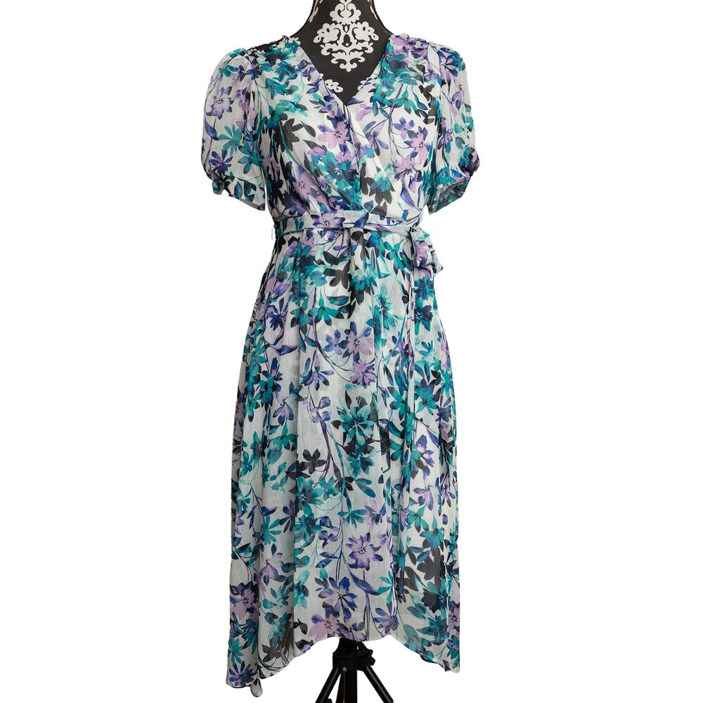 Women's Hi Low Floral V-Neck Short Sleeve Chaps Cottagecore Spring Dress - Sz 4